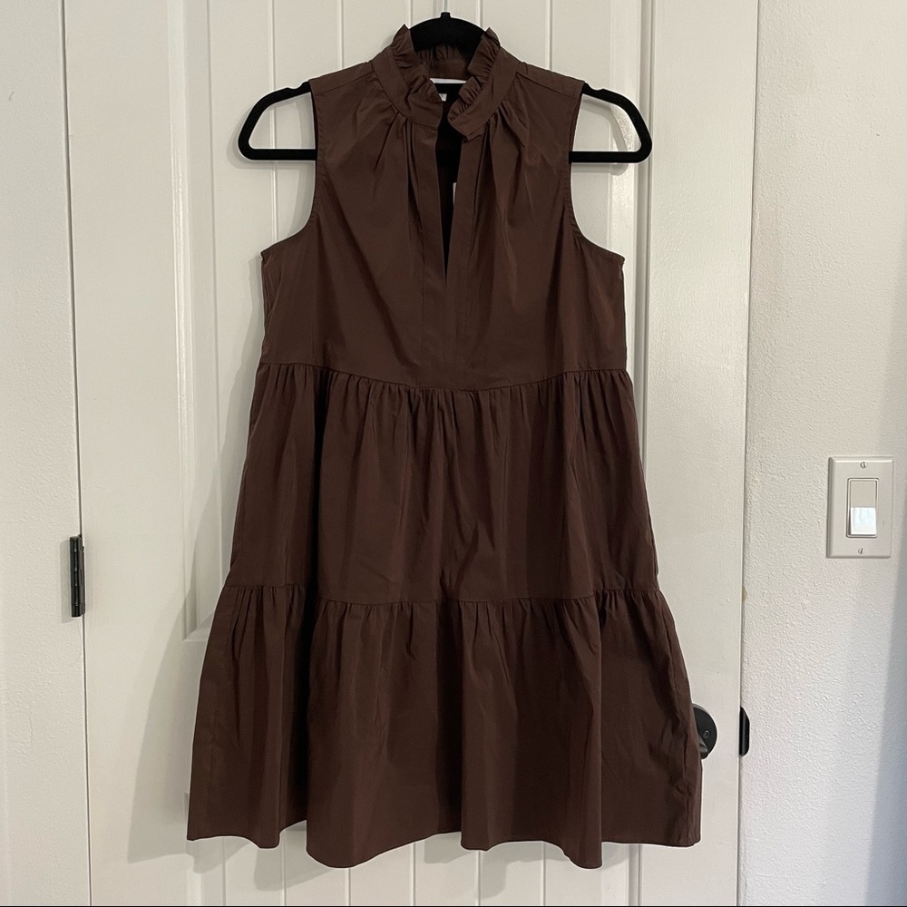 NWOT Olivaceous Brown Sleeveless Ruffled Neckline Dress